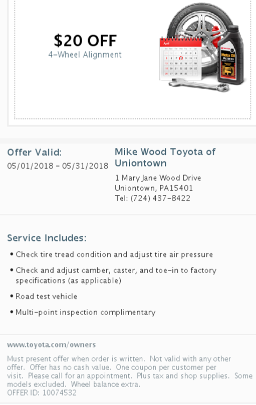 Mike Wood Toyota of Uniontown 4Wheel Alignment Western Pennsylvania
