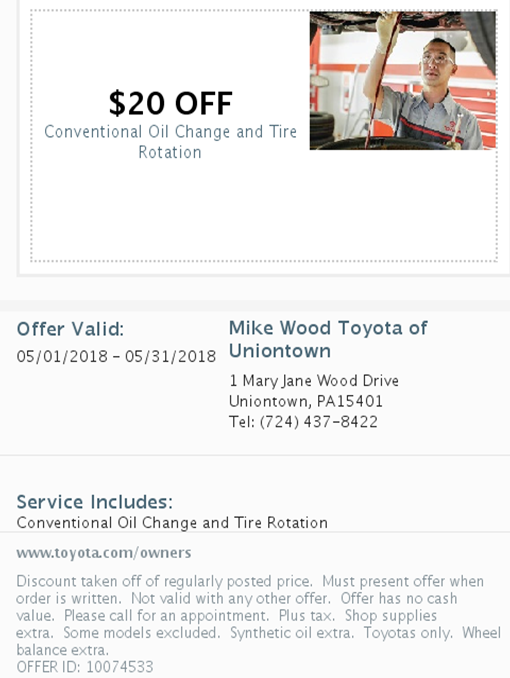 Mike Wood Toyota of Uniontown Conventional Oil Change and Tire Rotation